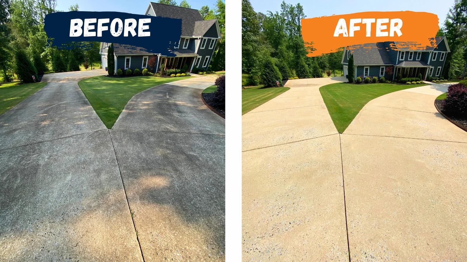 A SUDZ job: a split concrete driveway shown before and after cleaning.
