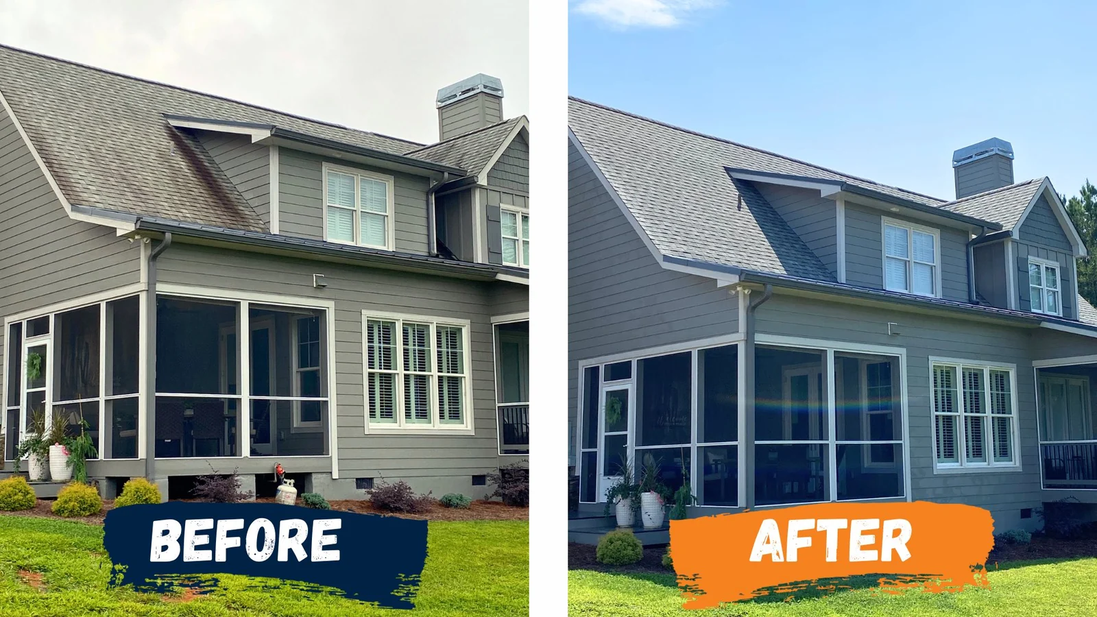 A SUDZ job: a gray house and roof shown before and after cleaning.