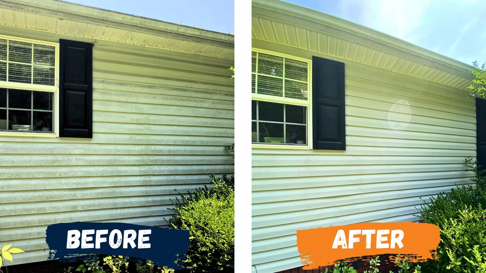 A SUDZ job: vinyl siding shown before and after cleaning.
